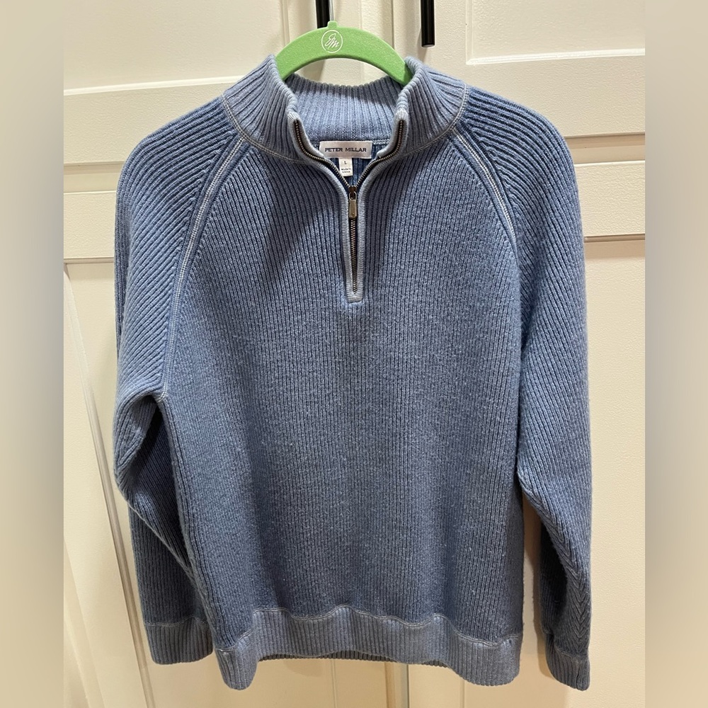 PETER MILLAR GOLF L/S LAYTON GARMENT-DYED 1/4 ZIP SWEATER, Large, BLUE